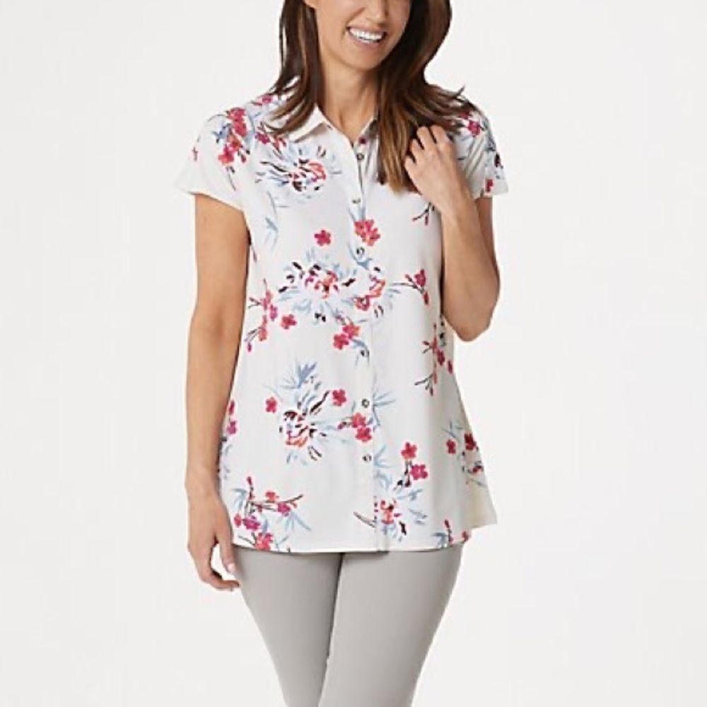 H by Halston Printed Jet Jersey Button Front Tunic